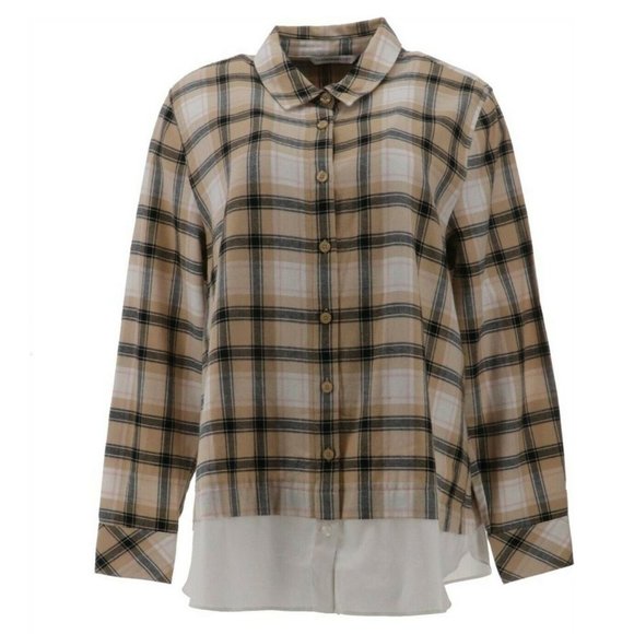 Isaac Mizrahi Live! Plus 22 Plaid Button Front Layered Shirt Neutral Tan 22W - Picture 4 of 9